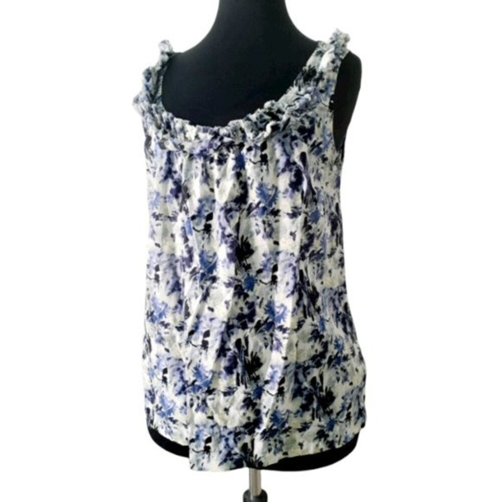 Ann Taylor LOFT Blue Green Florals Ruffle Scoopneck Sleeveless Pullover Blouse S